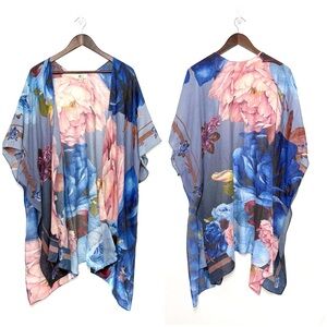 Soft Summer Colors Oversized Floral Kimono Shawl Cover-Up 100% Cotton OS